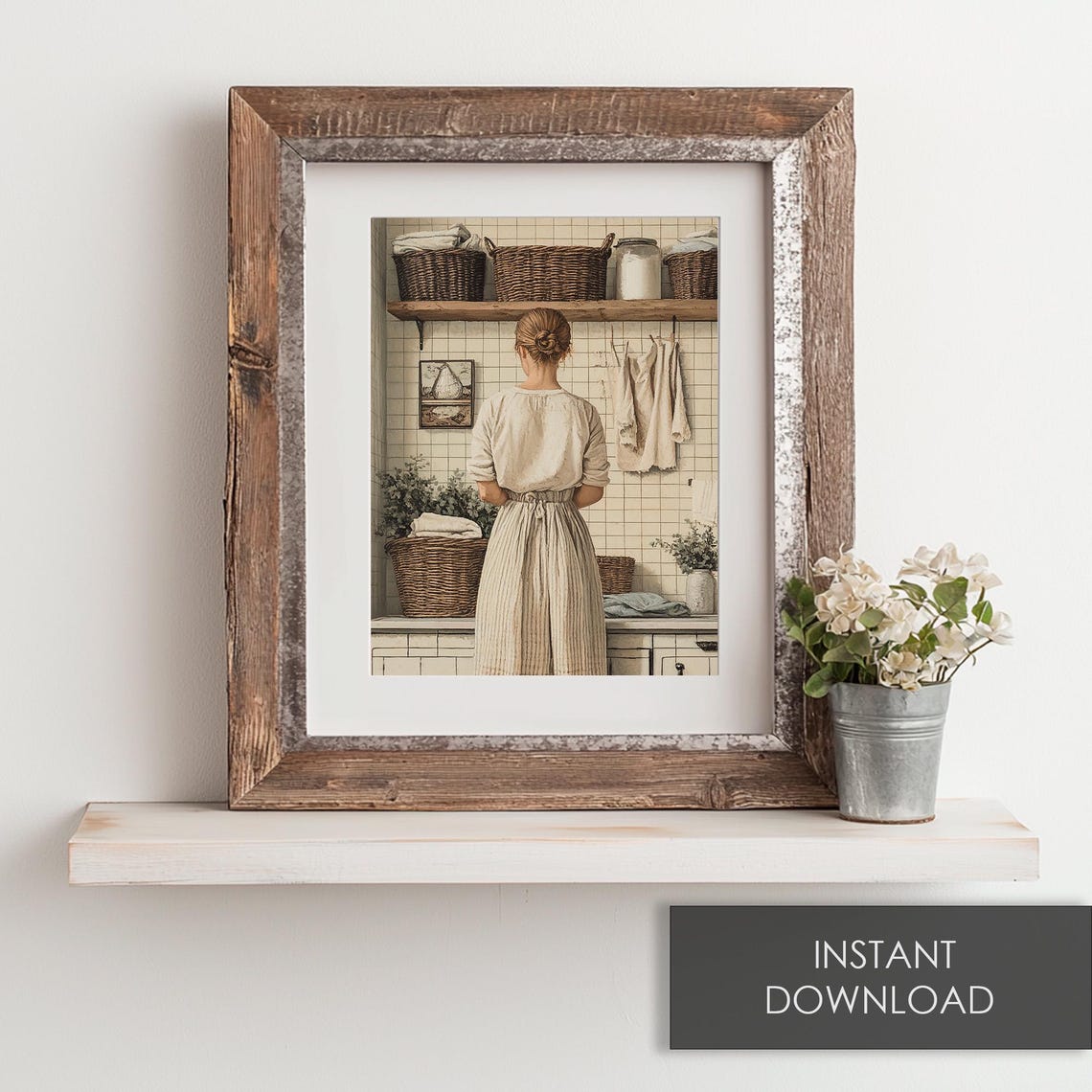 Woman in Vintage Laundry Room Baskets White Tile Back View Poster - Image 6