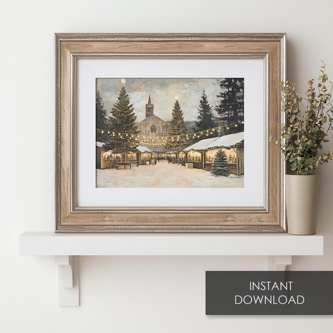 Christmas Market Vintage Christmas Town With Gothic Church Print Christmas Village Wall Art Winter Painting - Image 6
