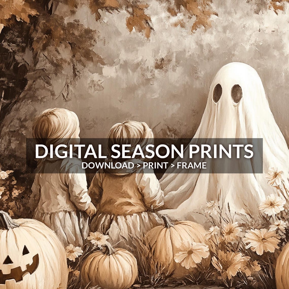 Kids Meet Friendly Ghost Sepia Pumpkin Patch Halloween Night Poster - Image 6