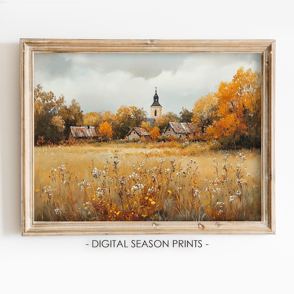 Old Village Church Steeple Among Autumn Trees Wildflower Meadow Poster