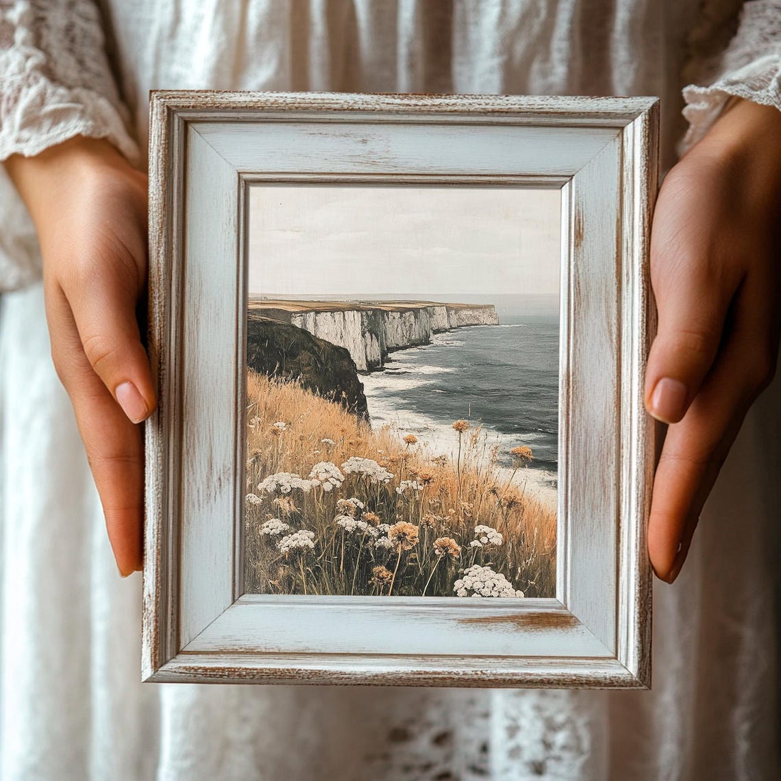 White Sea Cliffs With Wildflowers Moody Coastal Landscape Poster - Image 3