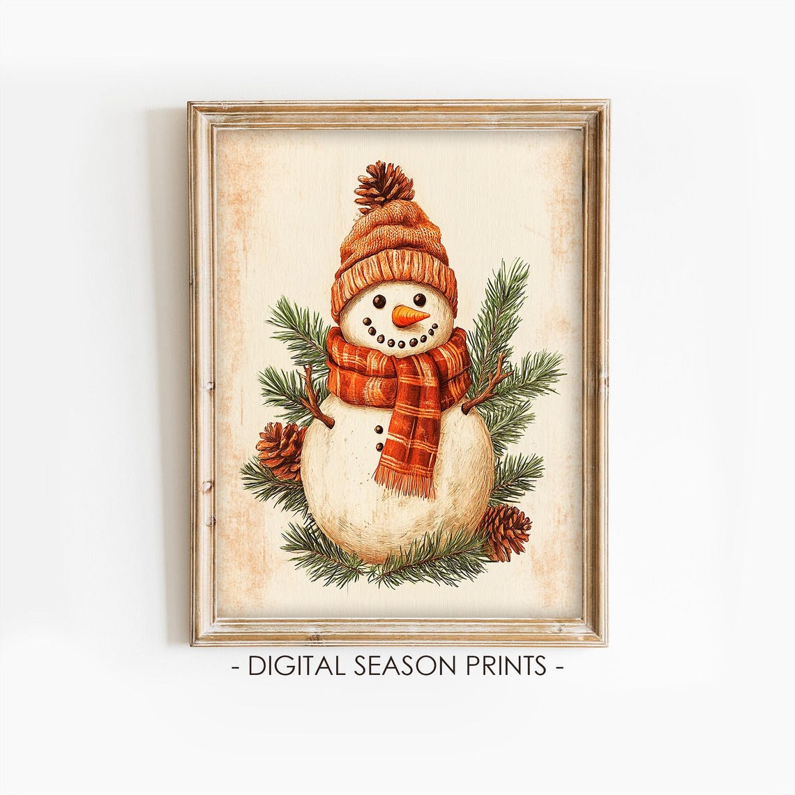 Snowman in a Knit Hat and Plaid Scarf with Pinecones Winter Poster