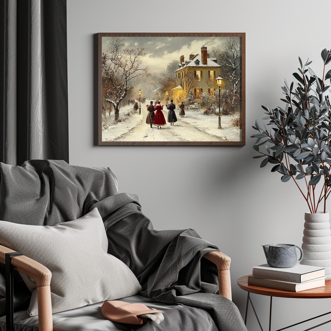 Victorian Christmas Carolers on Snowy Lamp Lit Street Poster - Image 4