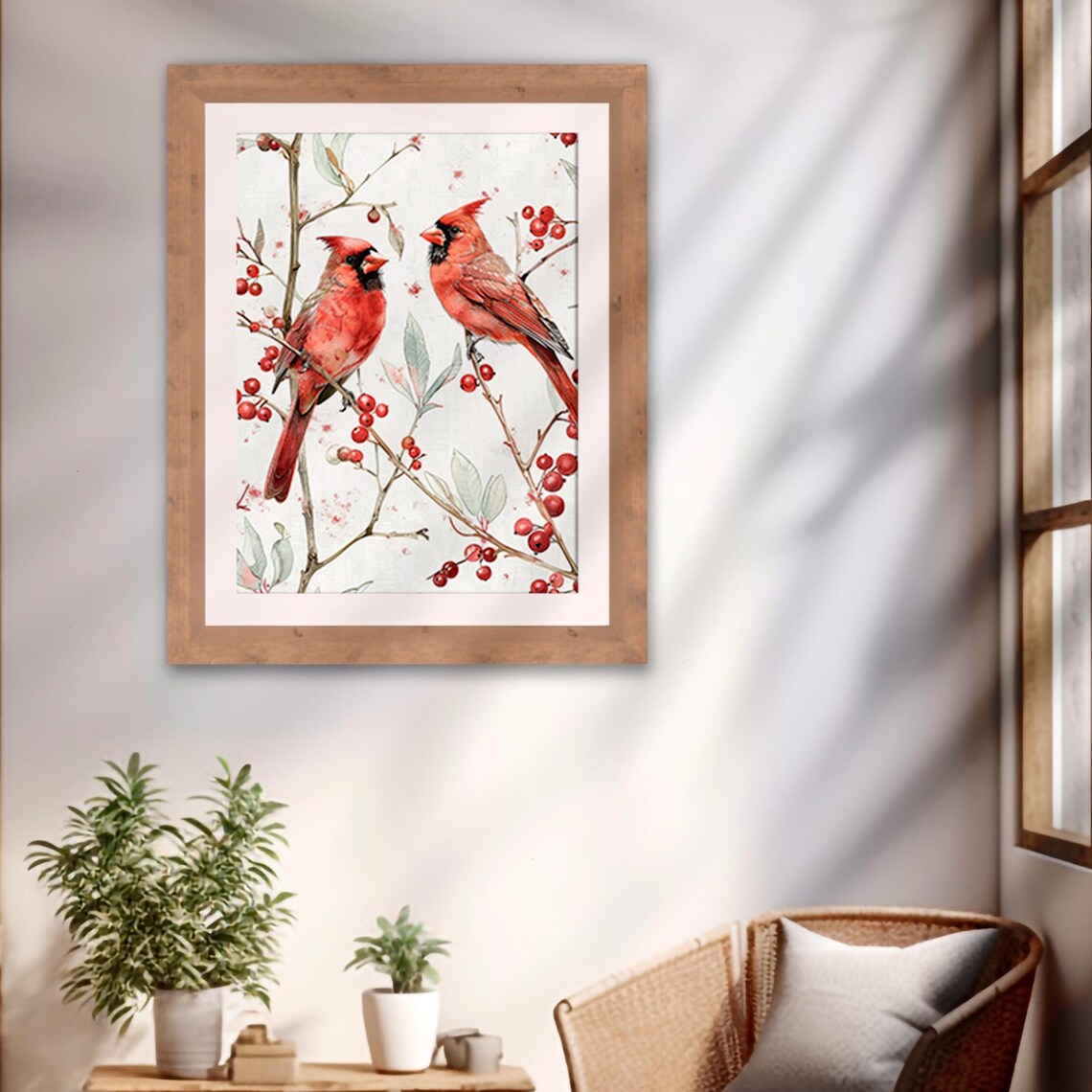 Two Red Cardinals on Berry Branch Watercolor Winter Birds Poster - Image 2