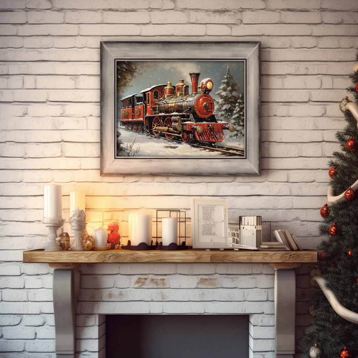 Red Vintage Steam Train with Wreaths Snowy Christmas Painting Poster - Image 2