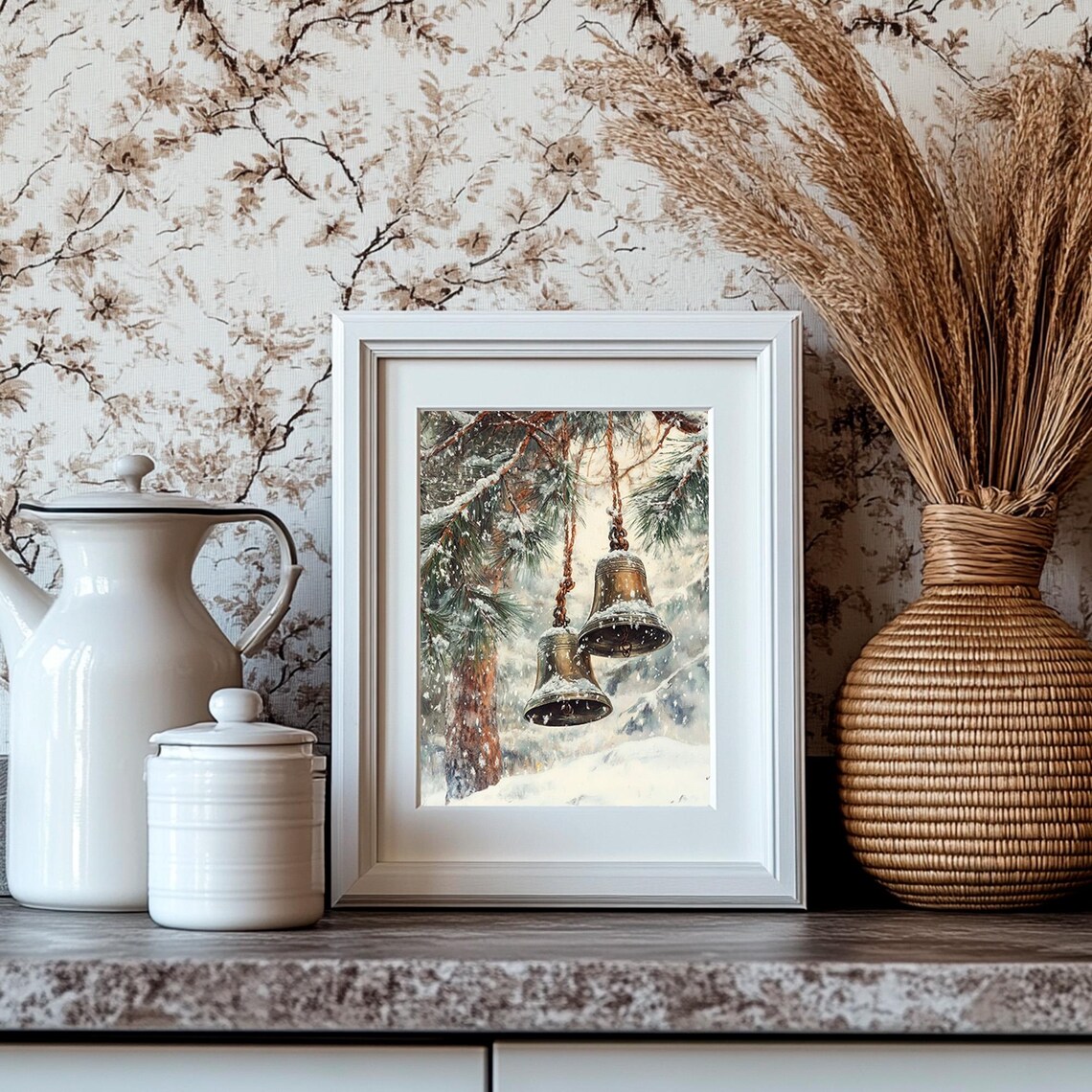 Brass Church Bells Hanging From Snowy Pine Branch Winter Poster - Image 4