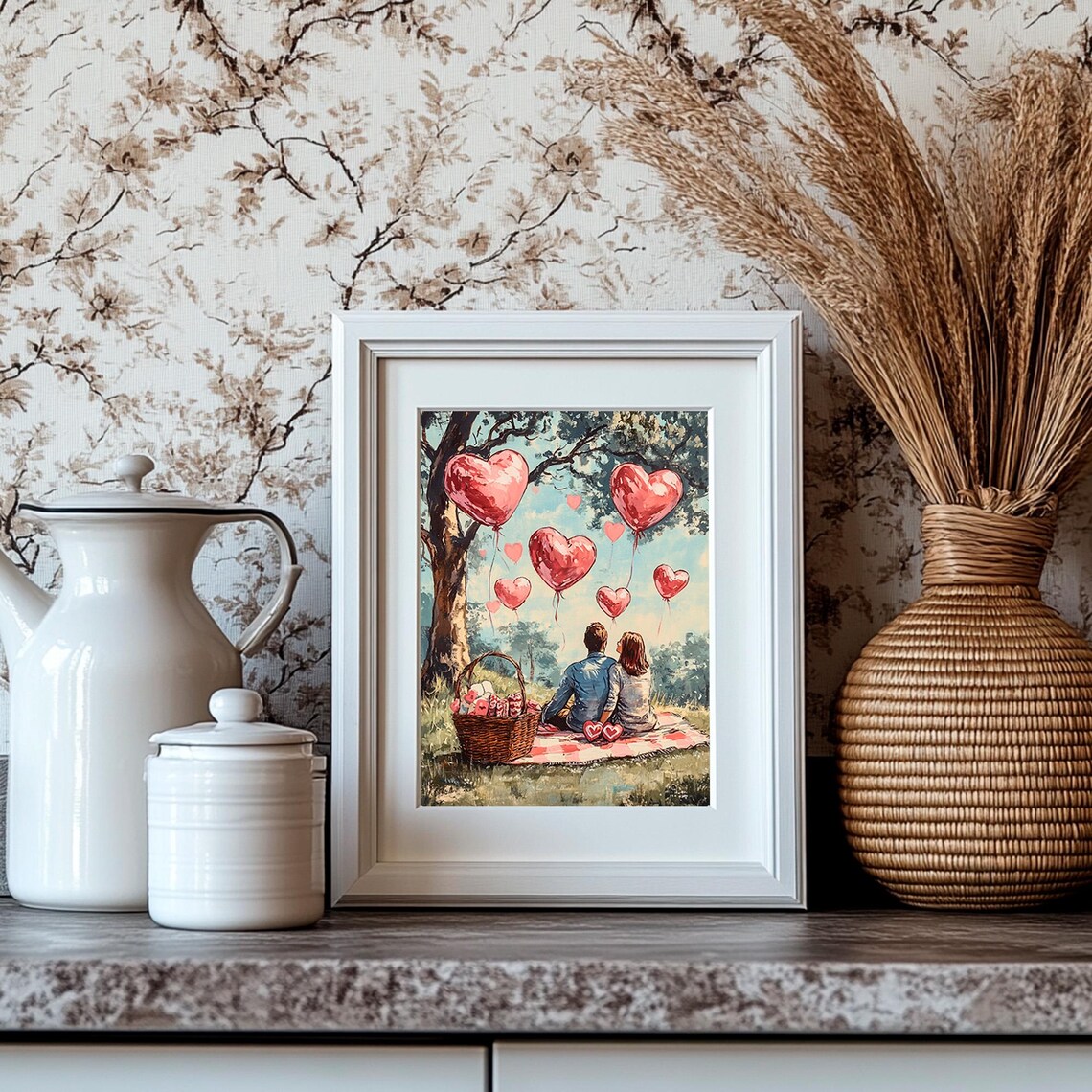 Romantic Couple Picnic Heart Balloons Valentine Day Painting Poster - Image 4