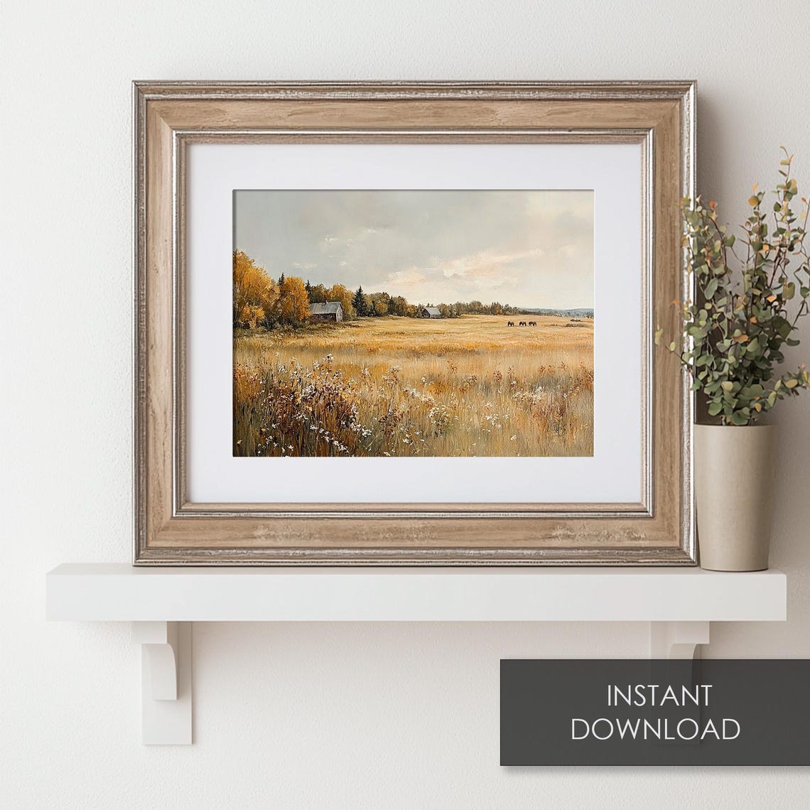 Autumn Meadow With Grazing Horses And Barns Golden Field Poster - Image 6