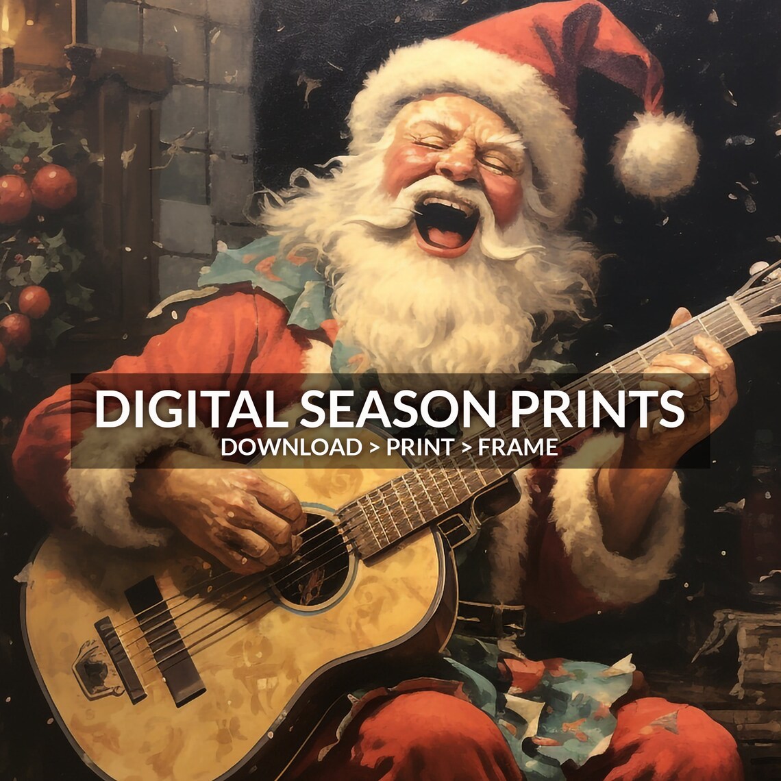 Santa Claus Playing Guitar Laughing Holly Christmas Music Print - Image 6