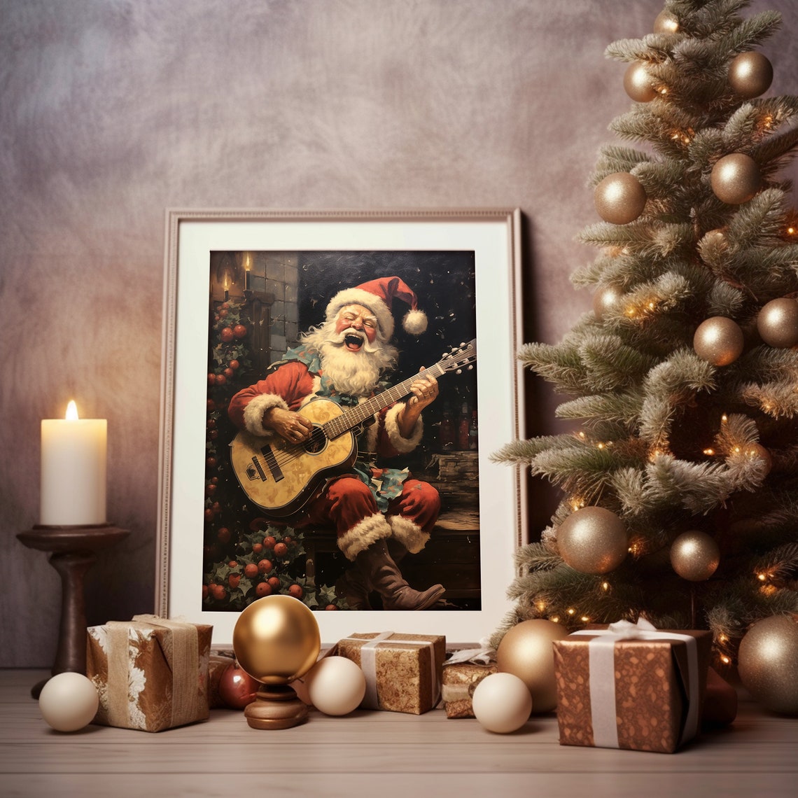 Santa Claus Playing Guitar Laughing Holly Christmas Music Print - Image 4