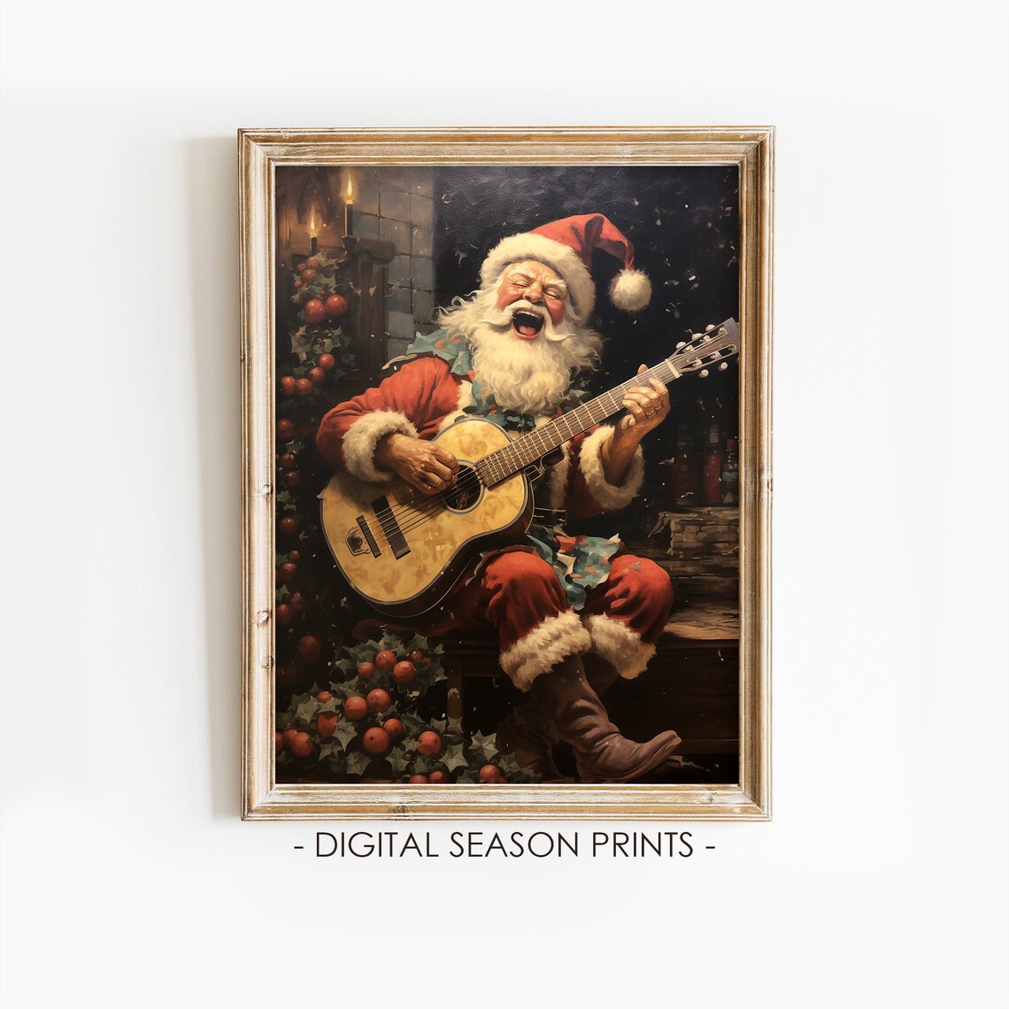 Santa Claus Playing Guitar Laughing Holly Christmas Music Print