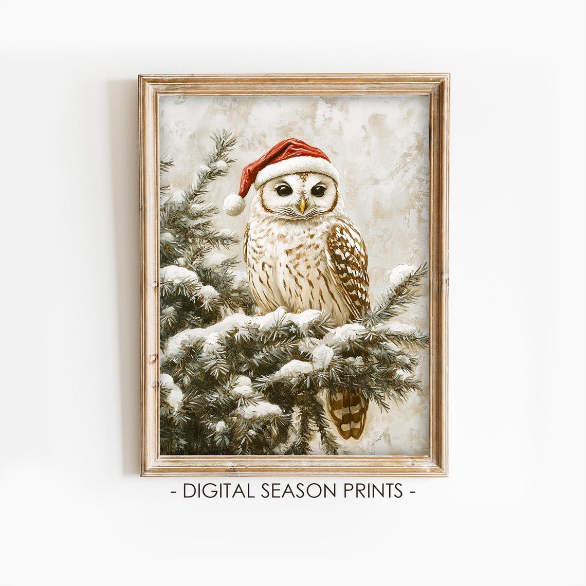 Cute Owl Wearing A Red Santa Hat In A Snowy Pine Tree Poster