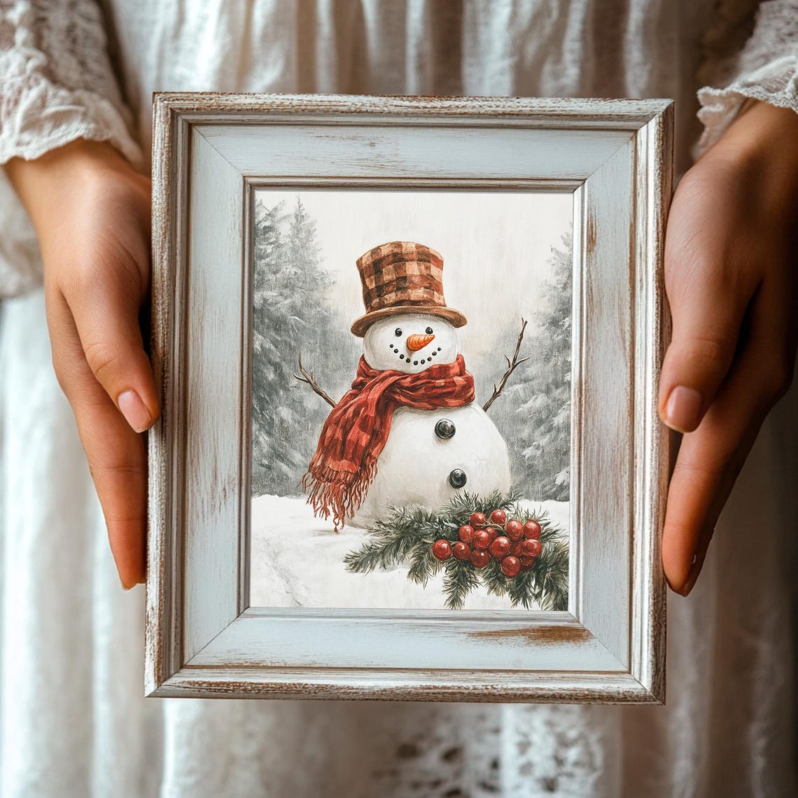 Cute Snowman Plaid Hat Red Scarf Pine Berry Winter Christmas Poster - Image 4