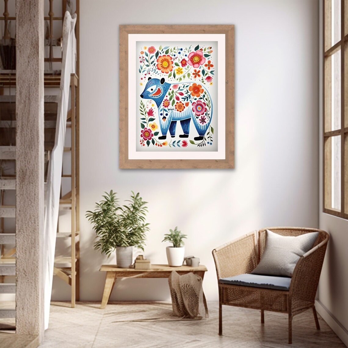 Scandinavian Folk Art Blue Bear Flowers Nordic Style Animal Poster - Image 3