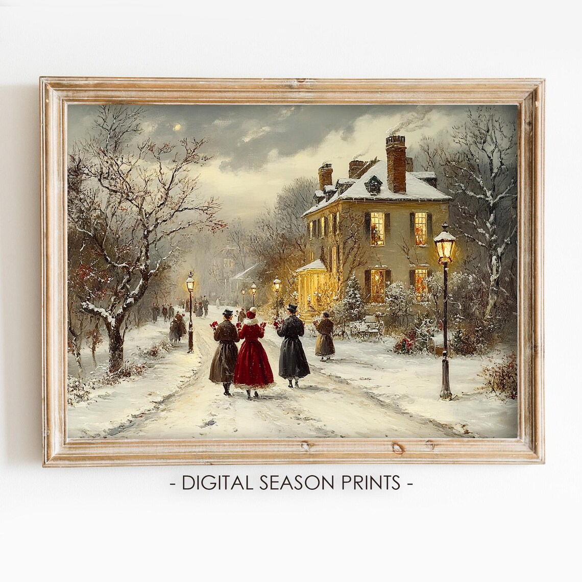 Victorian Christmas Carolers on Snowy Lamp Lit Street Poster