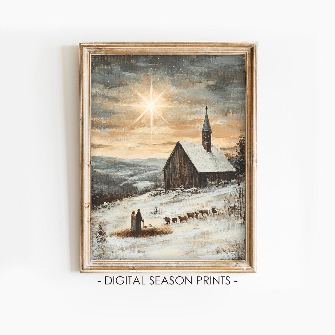 Christmas Star Nativity Scene Snowy Chapel Shepherds Sheep Poster