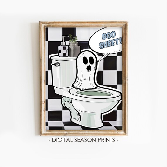 Funny Ghost Toilet Boo Sheet Cartoon Halloween Bathroom Humor Art Poster