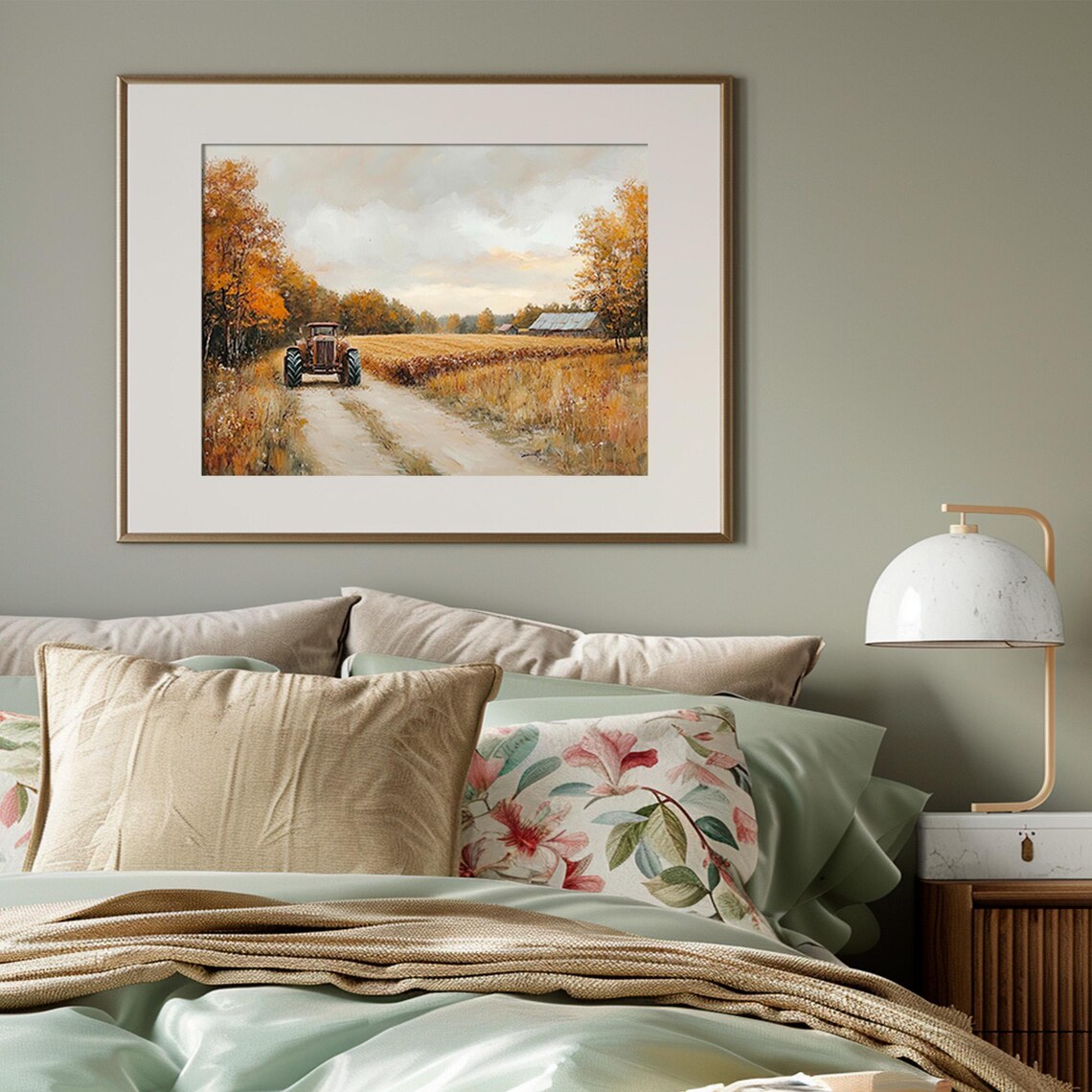 Vintage Tractor on a Dirt Road Golden Wheat Field Farm Scene Poster - Image 3