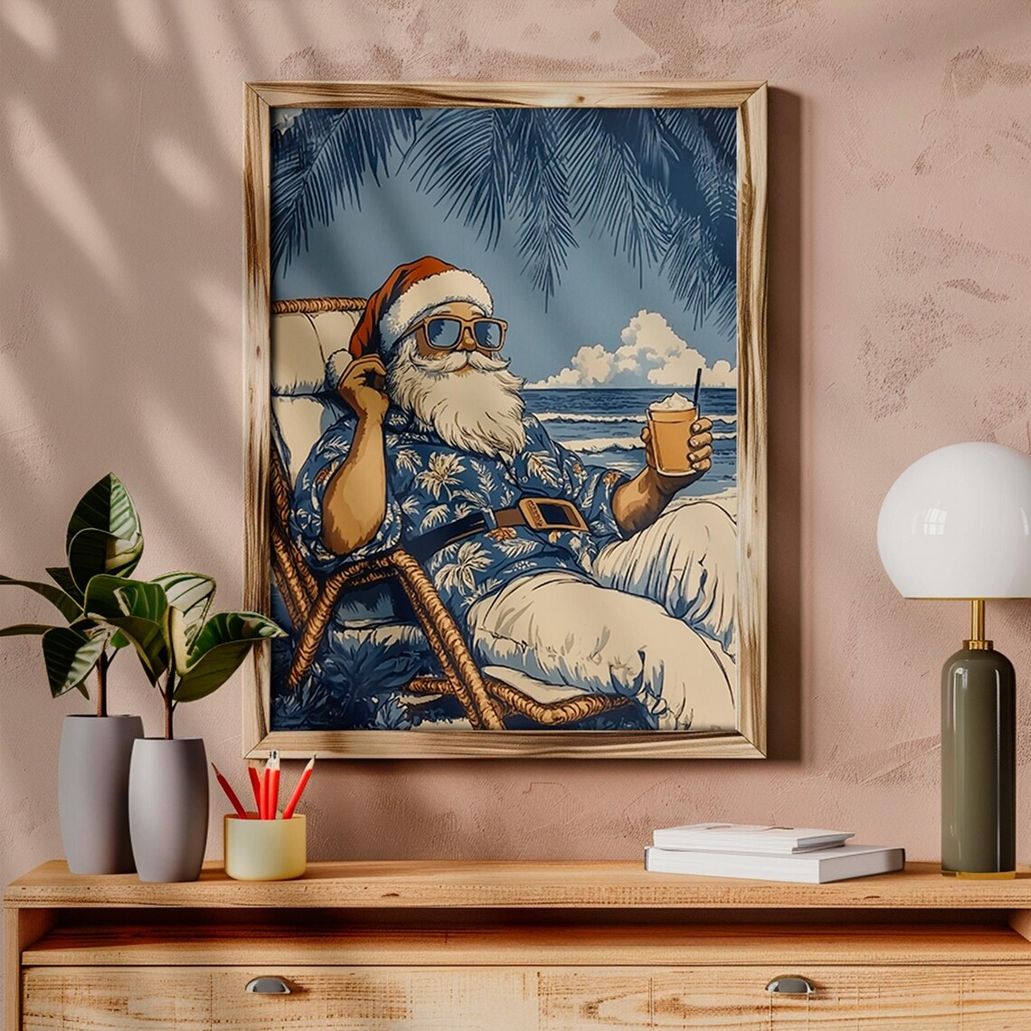 Santa in Hawaiian Shirt Beach Chair Retro Tropical Christmas Poster - Image 6