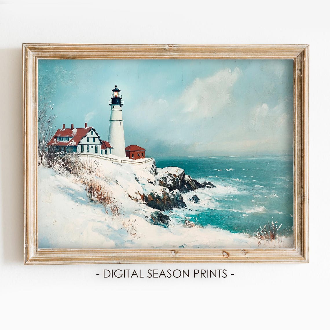Snowy Winter Lighthouse on Rocky Coastal Cliffs Vintage Poster