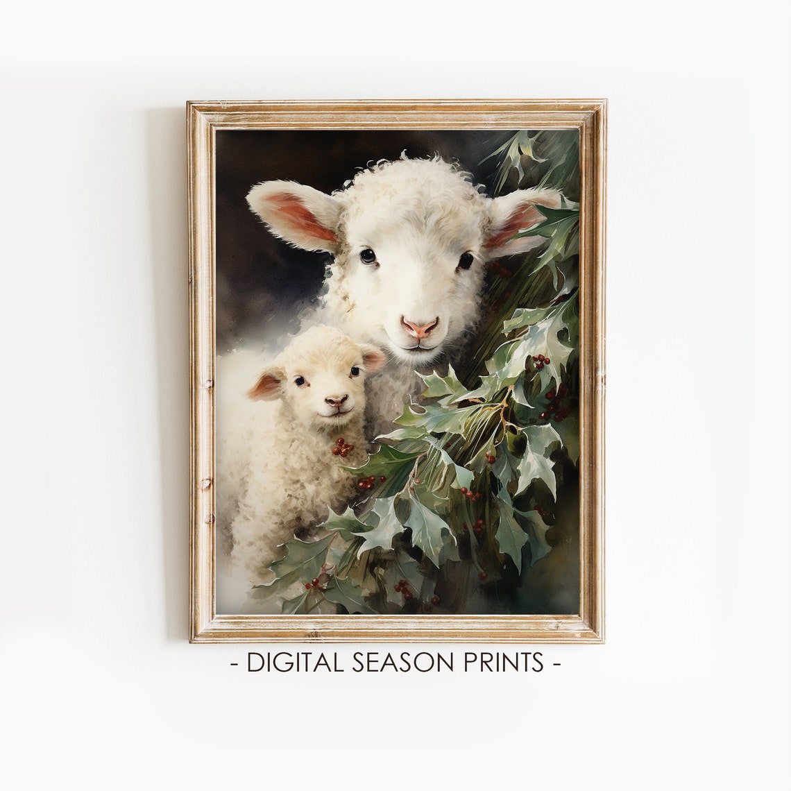 Sweet Lamb and Ewe among Holly Berries on Dark Christmas Poster