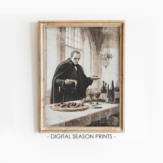 Dracula Vampire Pizza Gothic Hall Vintage Halloween Funny Art Poster