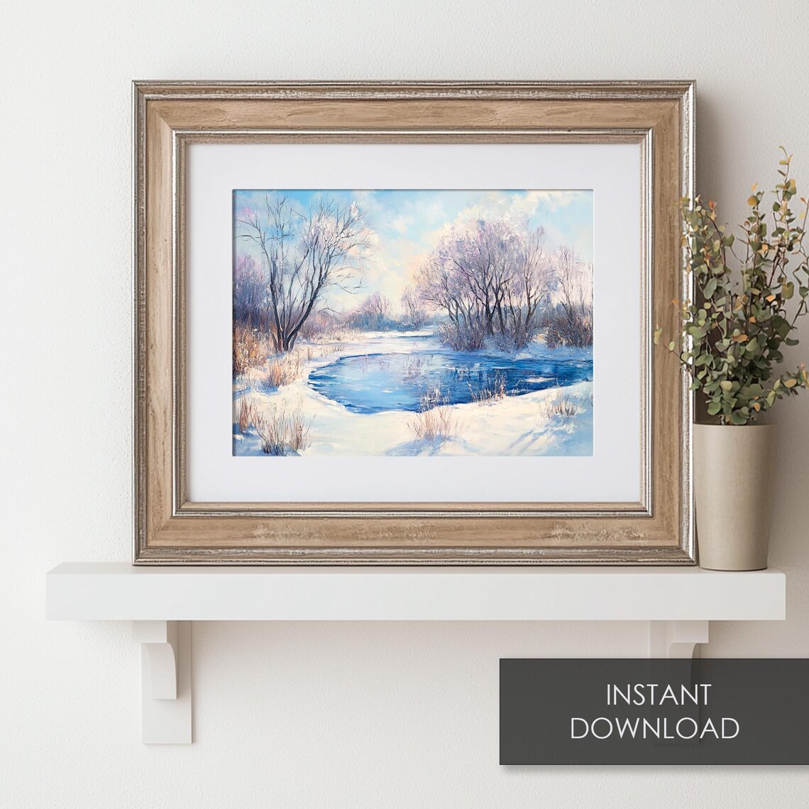 Frozen Blue Pond Snowy Banks Winter Landscape Scenic Nature Poster - Image 6
