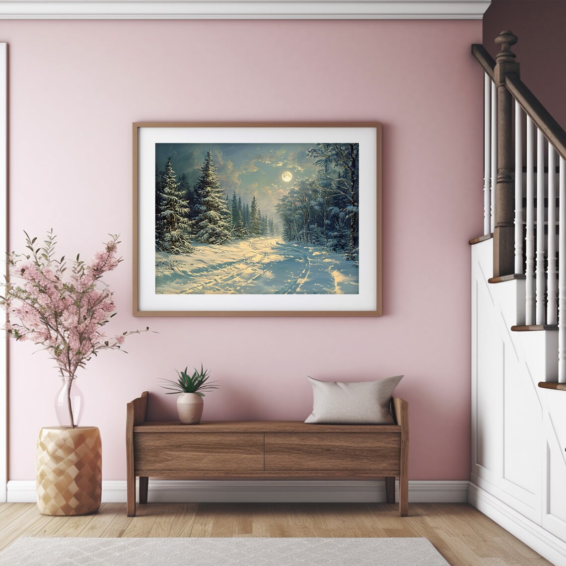 Full Moon Snowy Forest Road Moonlit Night Winter Scene Poster - Image 6
