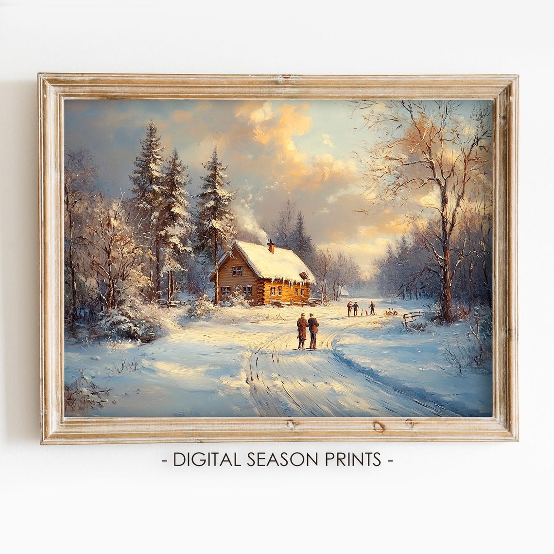 Log Cabin Sunset Frozen Pond Skaters Rustic Winter Art Poster