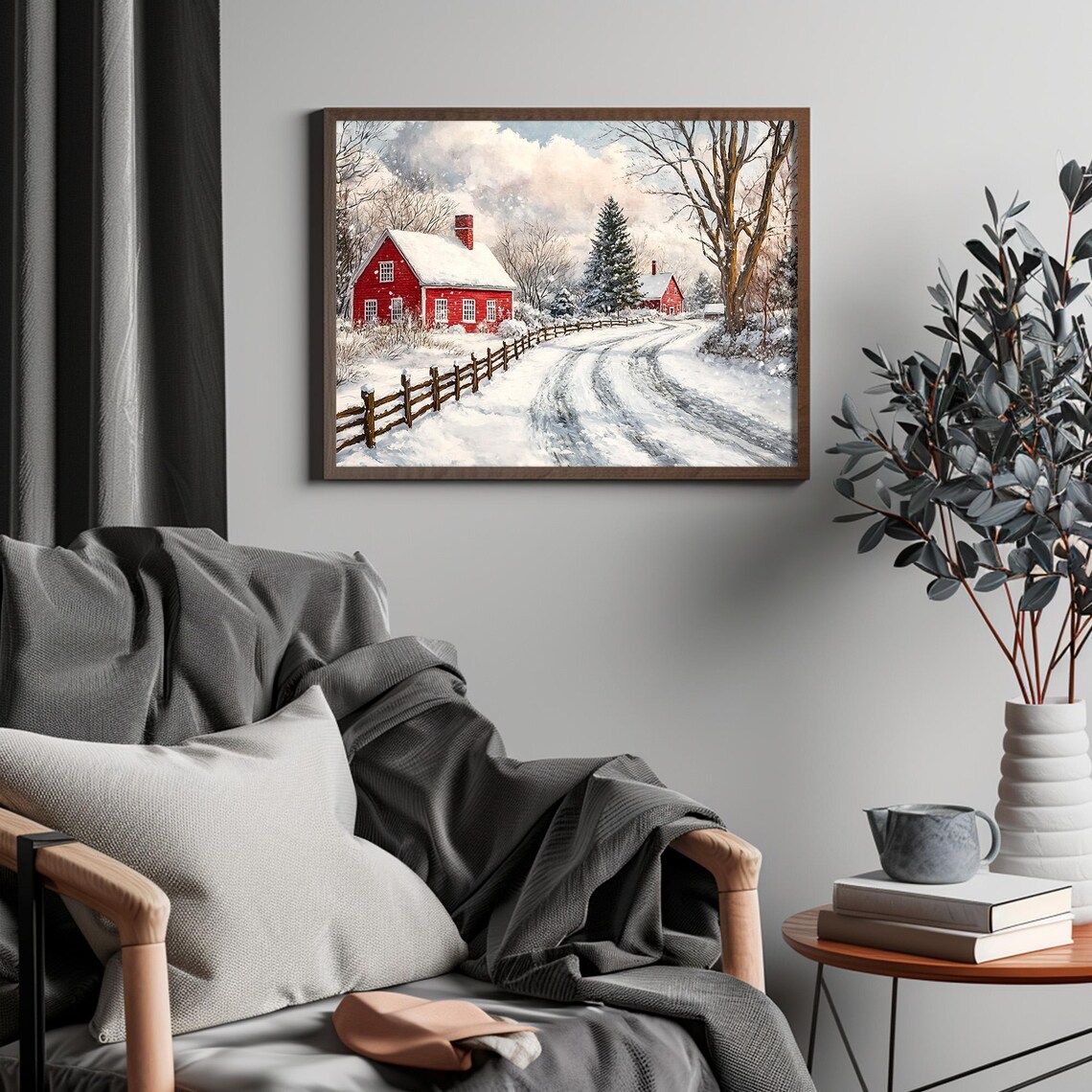 Red Farmhouses Along Snowy Country Road In Winter Vintage Painting Poster - Image 4