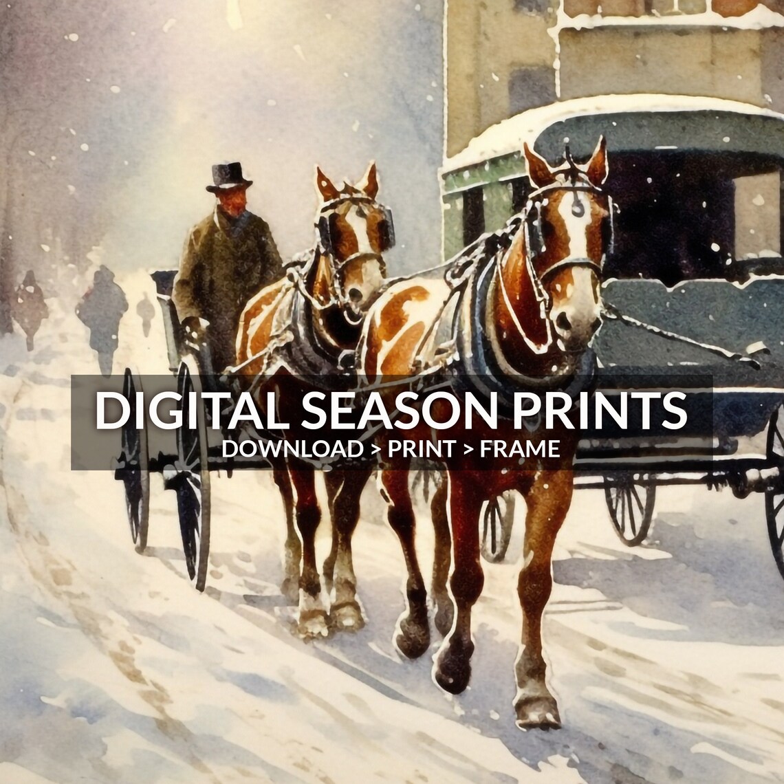 Horse Drawn Carriage Snowy Victorian Street Watercolor Wall Art - Image 6