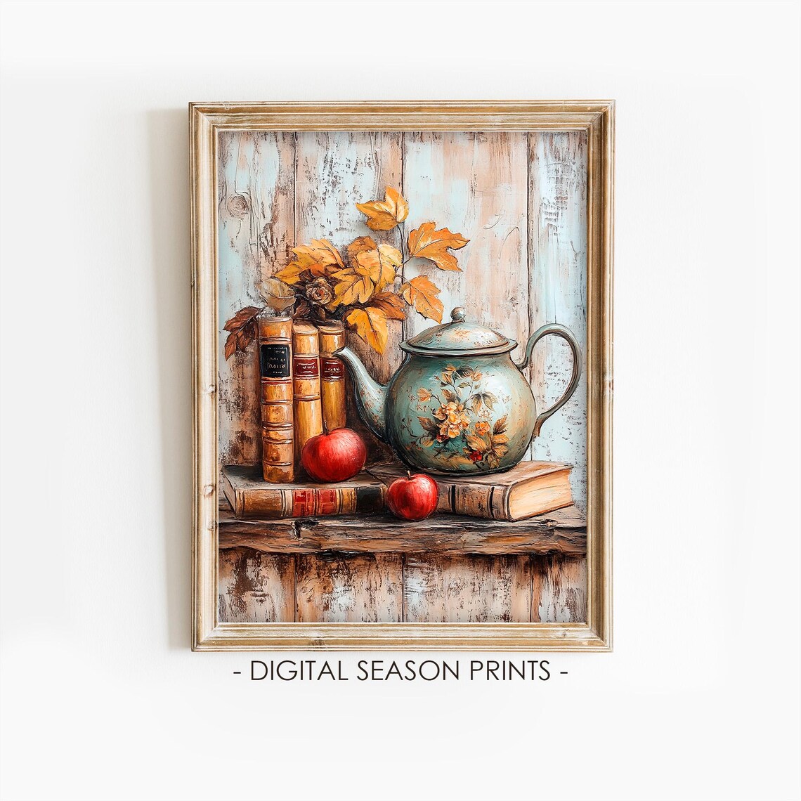 Vintage Floral Teapot With Old Books And Apples Autumn Poster
