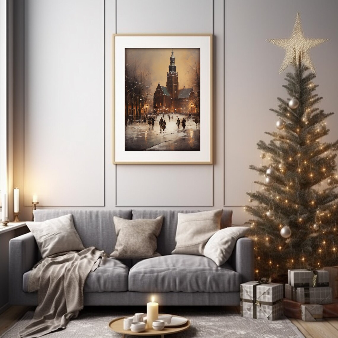 Snowy Old Church Town Square Winter Evening Oil Painting Wall Art - Image 4