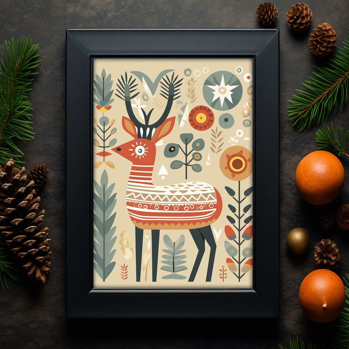 Scandinavian Folk Art Deer Nordic Reindeer Illustration Wall Art - Image 4