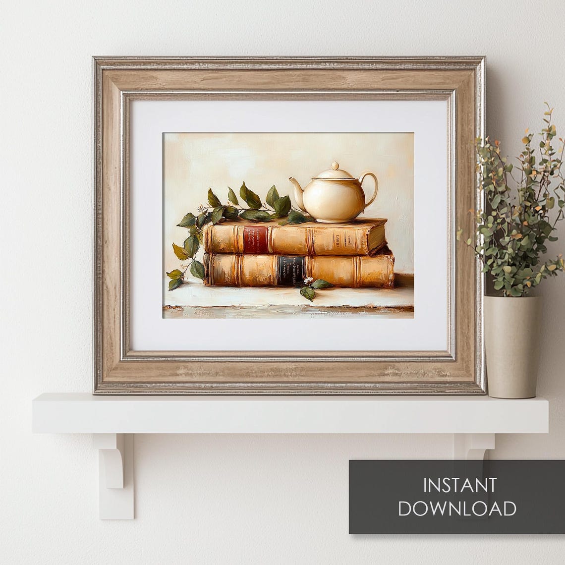 White Teapot Resting On Stacked Antique Books With Greenery Poster - Image 6