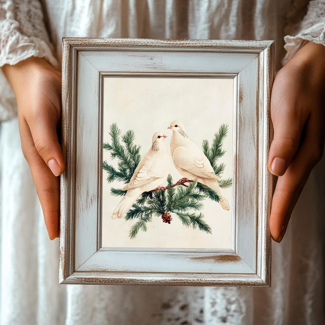 White Doves Pine Branch Elegant Christmas Bird Watercolor Art Print - Image 3