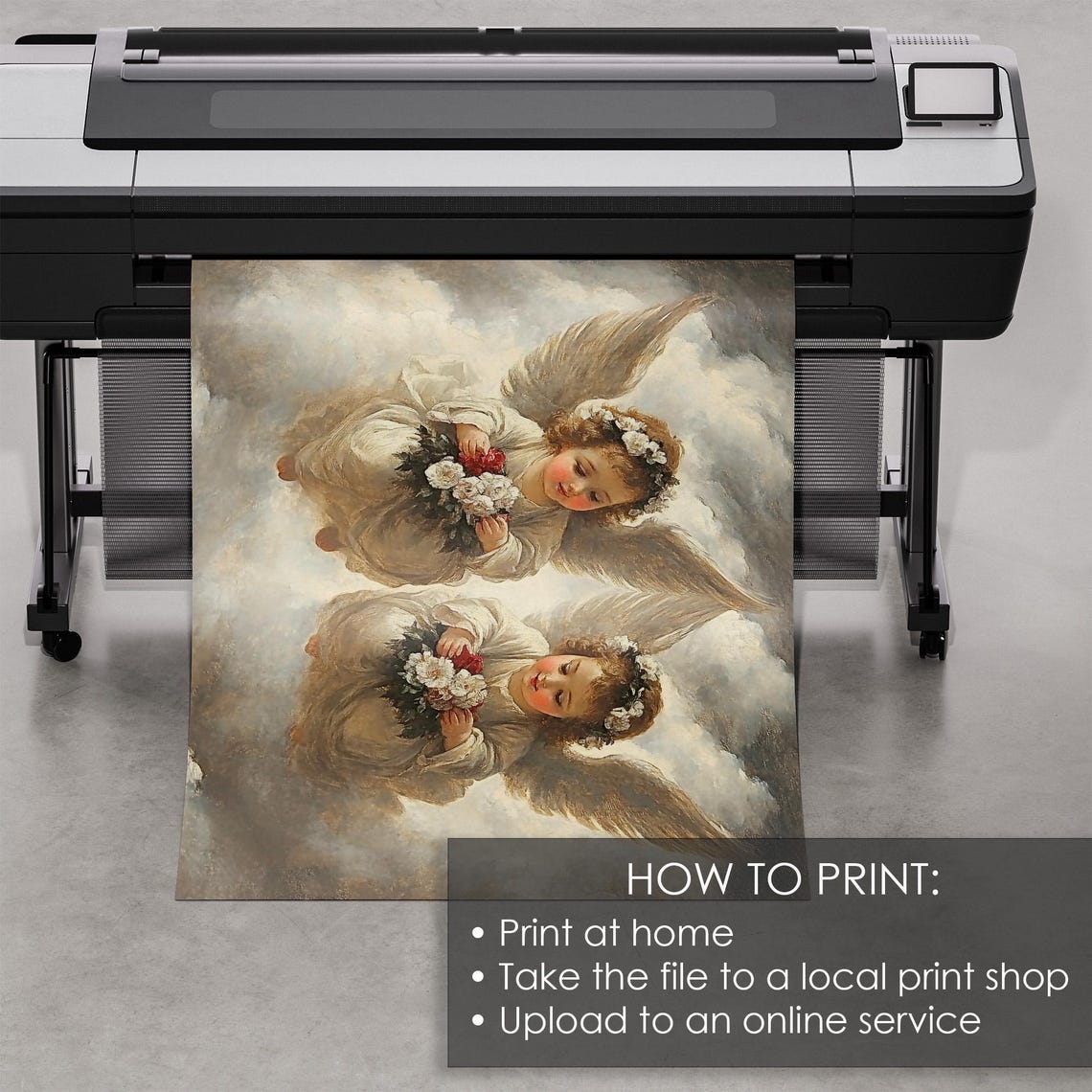Vintage Cherub Angels in Clouds Holding Flowers Classical Print - Image 5