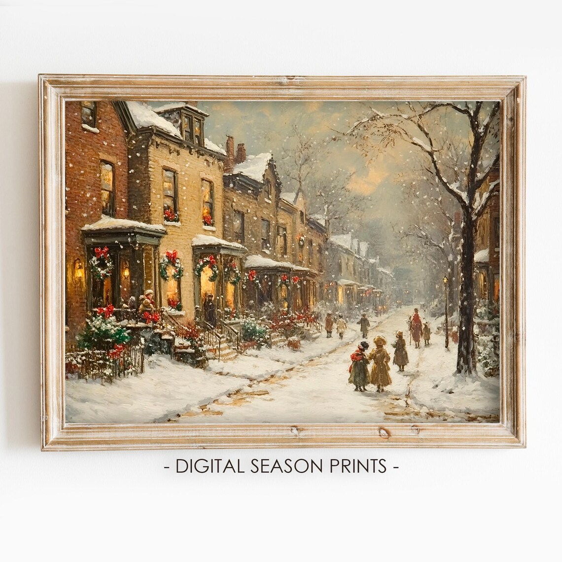 Snowy Christmas Street With Decorated Row Houses And Wreaths Poster