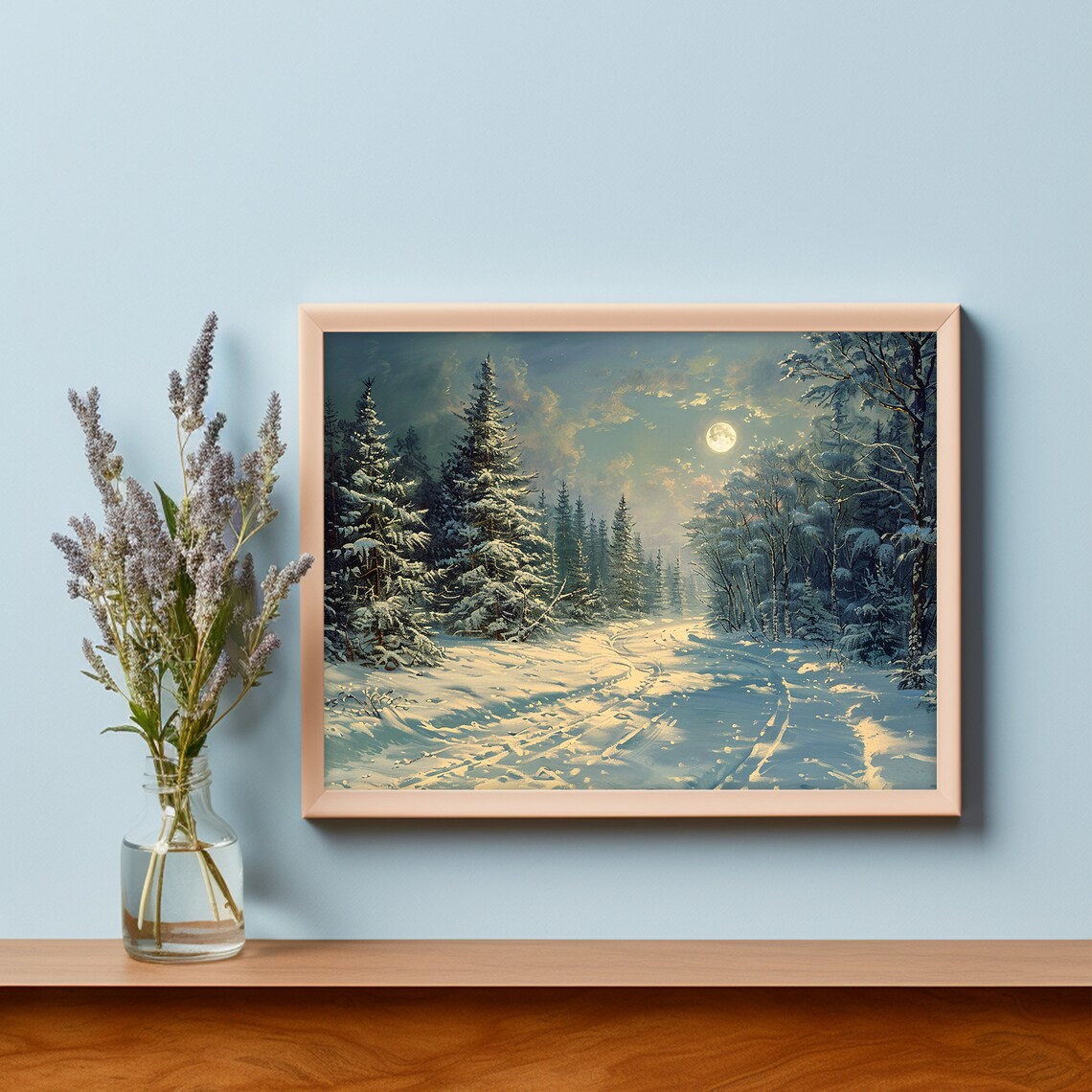 Full Moon Snowy Forest Road Moonlit Night Winter Scene Poster - Image 3