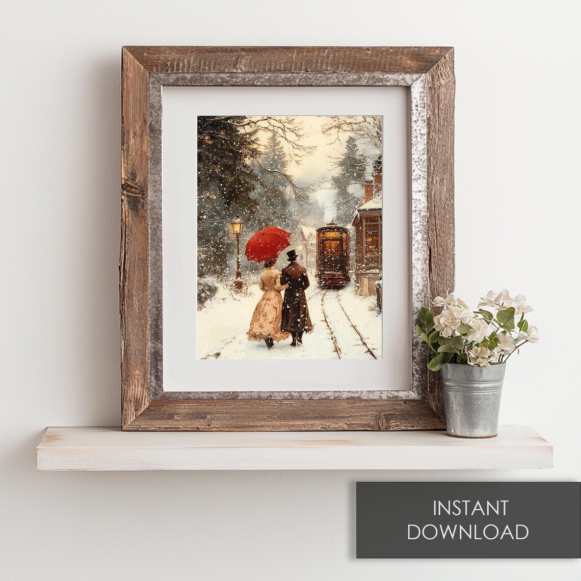 Victorian Couple Red Umbrella Snowy Street Tram Winter Evening Poster - Image 6
