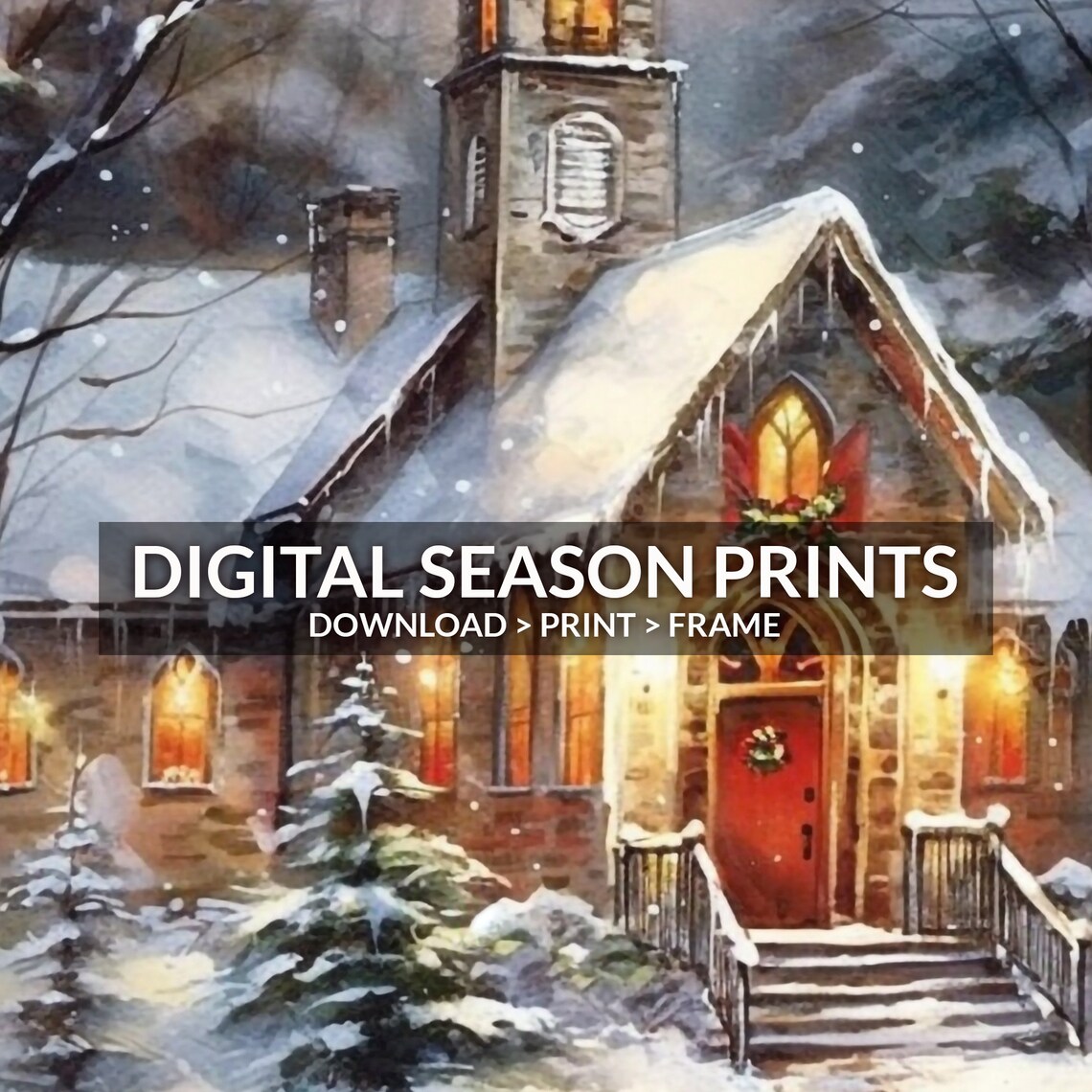 Snow Covered Chapel Glowing At Night In A Winter Forest Poster - Image 6