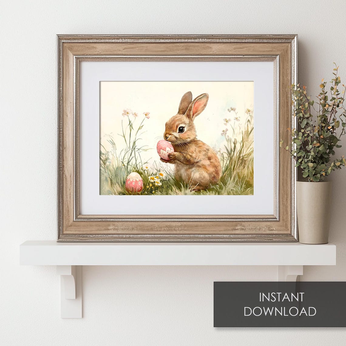 Easter Bunny Holding Pink Egg In Wildflower Meadow Vintage Poster - Image 6