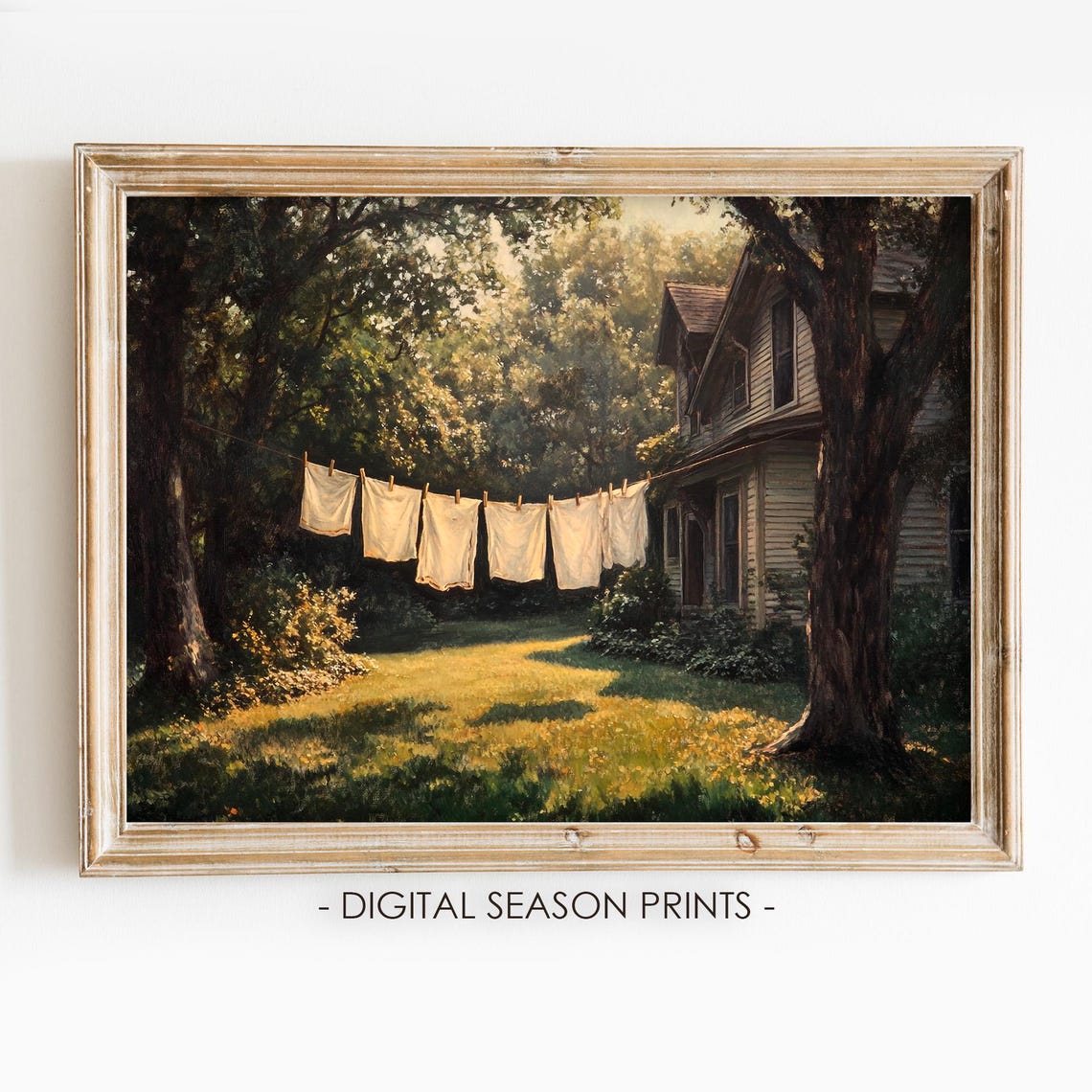 White Linens on a Clothesline Beside a Farmhouse Summer Evening Poster