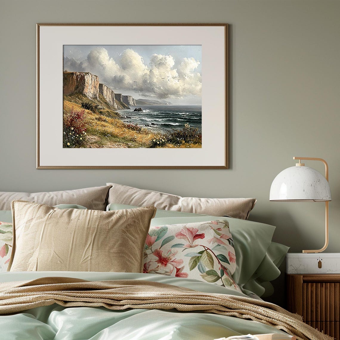White Sea Cliffs Dramatic Clouds Wildflowers Coastal Painting Poster - Image 3