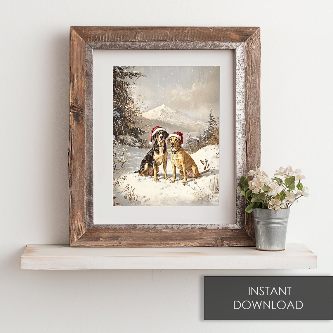Two Dogs Santa Hats Snowy Mountain Vintage Christmas Dog Poster - Image 6