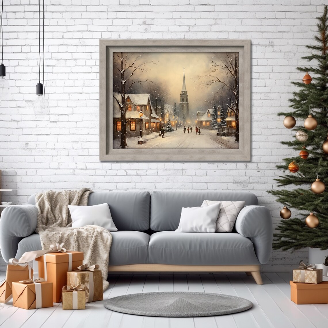 Evening Village Street Church Lampposts Winter Night Art Poster - Image 2