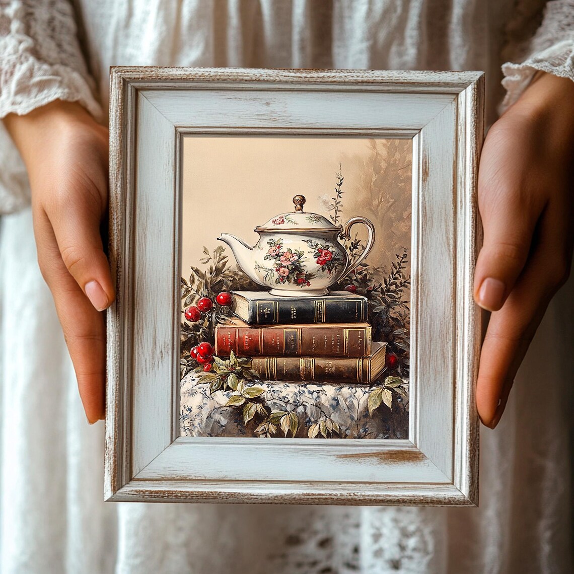 Floral Teapot on Old Books Red Berries Vintage Cozy Autumn Print - Image 3