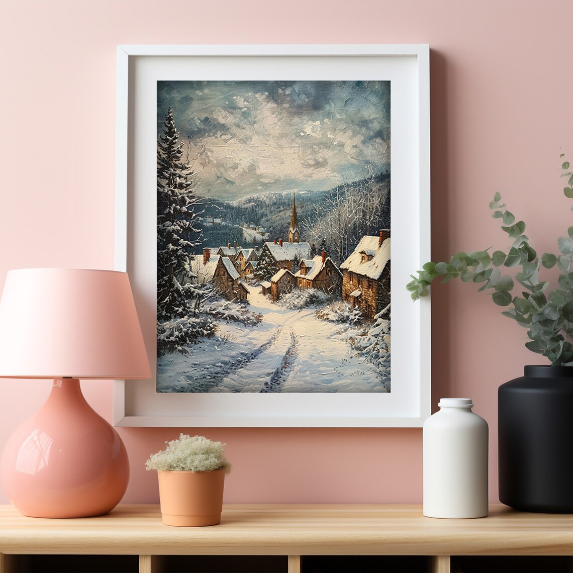 Mountain Village Church Snowy Pines Moody Winter Scene Poster - Image 3