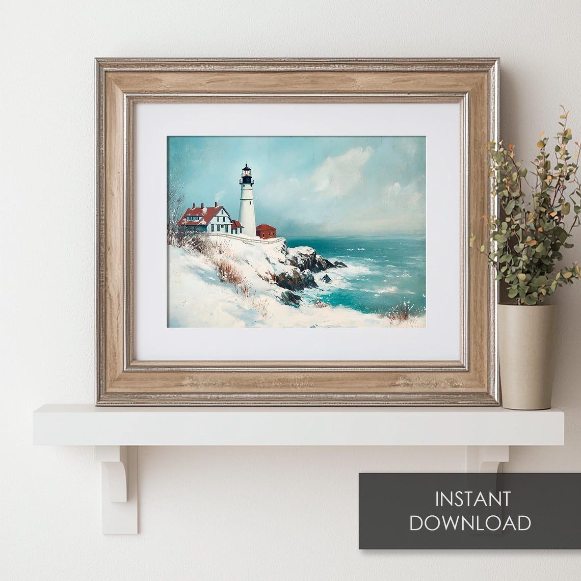 Snowy Winter Lighthouse on Rocky Coastal Cliffs Vintage Poster - Image 6