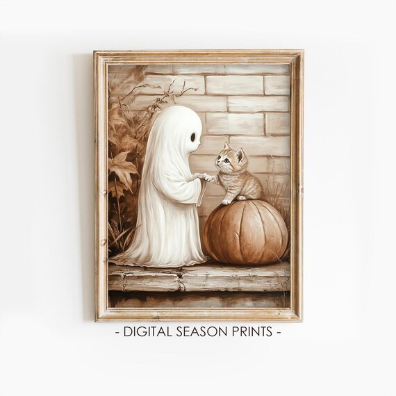 Sweet Ghost Kitten Pumpkin Sepia Vintage Halloween Cat Lover Poster